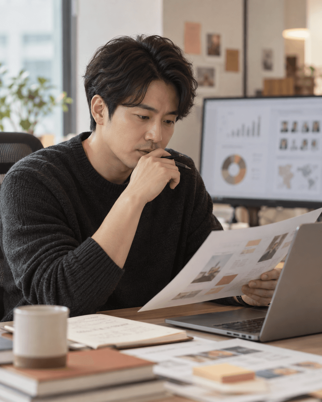 사무실에서 캠페인 전략 자료를 검토하는 CRM·리텐션 마케터의 사례 이미지