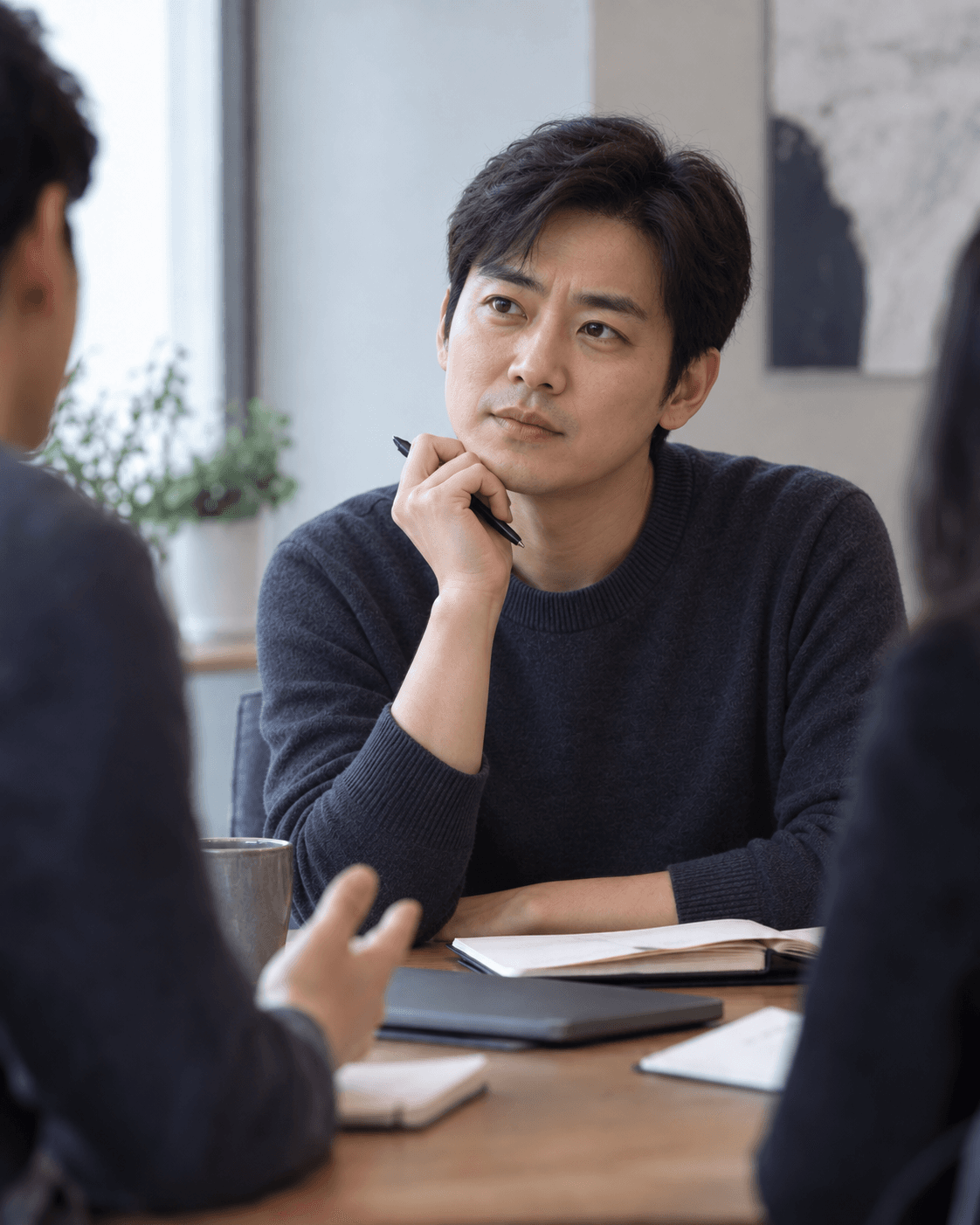 개발팀 회의에서 팀원의 설명을 듣는 첫 개발 팀장의 사례 이미지