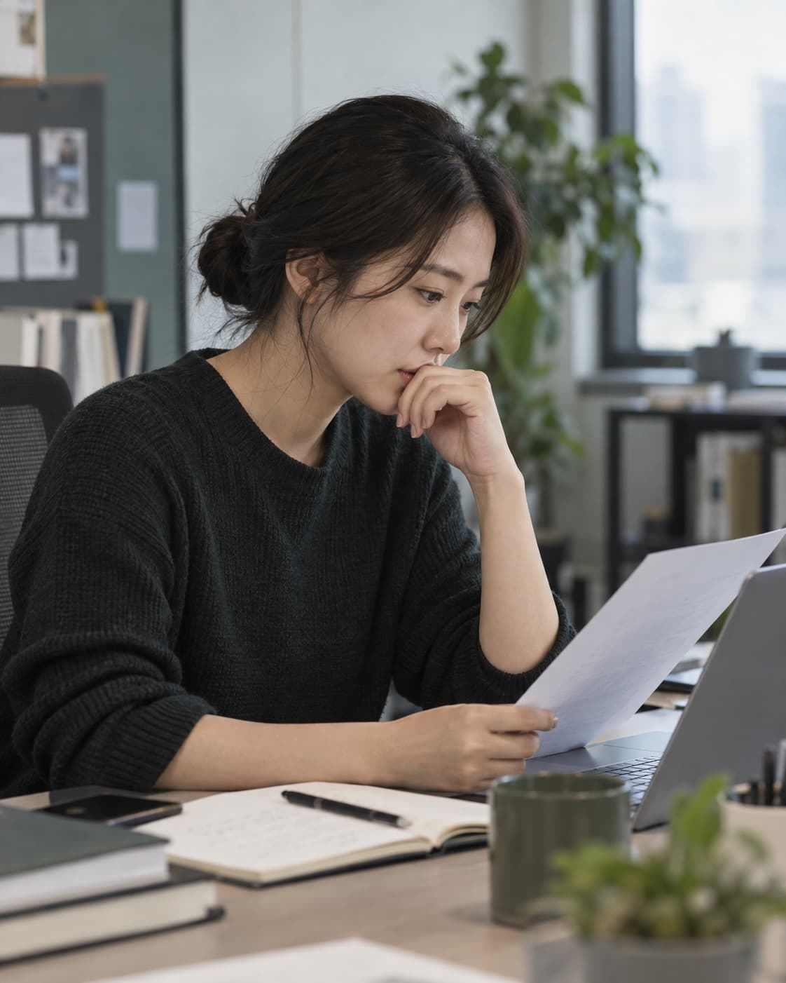 사무실에서 이력서를 검토하며 고민하는 B2B 스타트업 사업운영 담당자의 사례 이미지